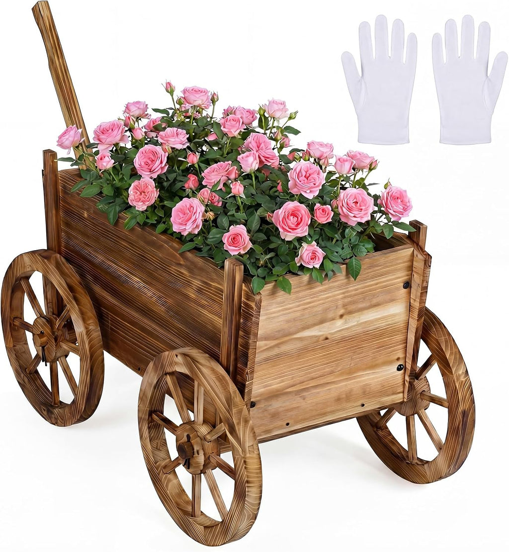 giantex wood wagon planter, rustic rolling flower pot, main product view