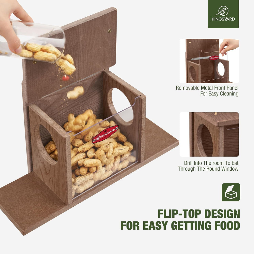 Kingsyard Squirrel Feeder Box for Outside, Recycled Plastic Squirrel Feeder Box with Corn Cob Holders, Easy to Refill & Clean, Weather-Proof (Brown) | Recycled Plastic, Corn Cob Holders, Extended Side Platform, Easy to Refill & Clean, Weatherproof Roof