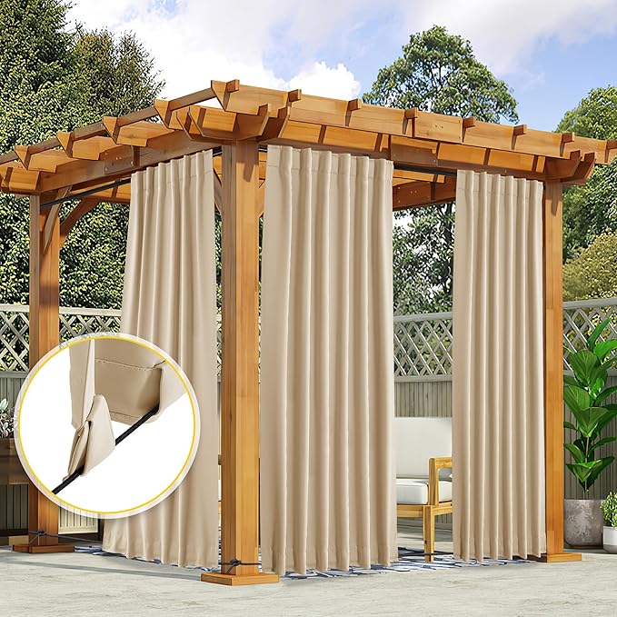 NICETOWN 2 Panels Outdoor Curtains for Patio Waterproof, Top & Bottom Fixed Waterproof Outdoor Drapes with Free Rope, Privacy Sun Blocking Shades for Gazebo, Pergolas, Biscotti Beige, W52 x L84
