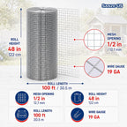 SANZEUS Hardware Cloth, 48in x 100ft 1/2in Mesh, 19GA Chicken Wire Fencing | Hot-dip galvanized after welding, heavy-duty wire mesh, rust resistant, chicken coops, garden beds, rabbit cages, tree guards