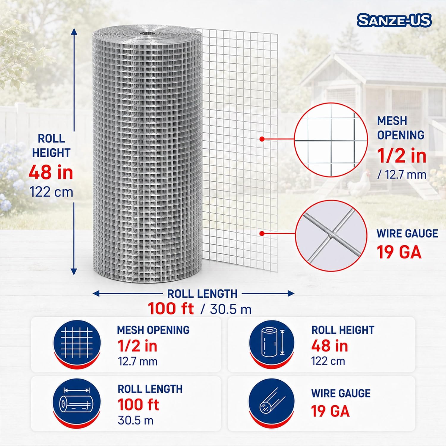 SANZEUS Hardware Cloth, 48in x 100ft 1/2in Mesh, 19GA Chicken Wire Fencing | Hot-dip galvanized after welding, heavy-duty wire mesh, rust resistant, chicken coops, garden beds, rabbit cages, tree guards