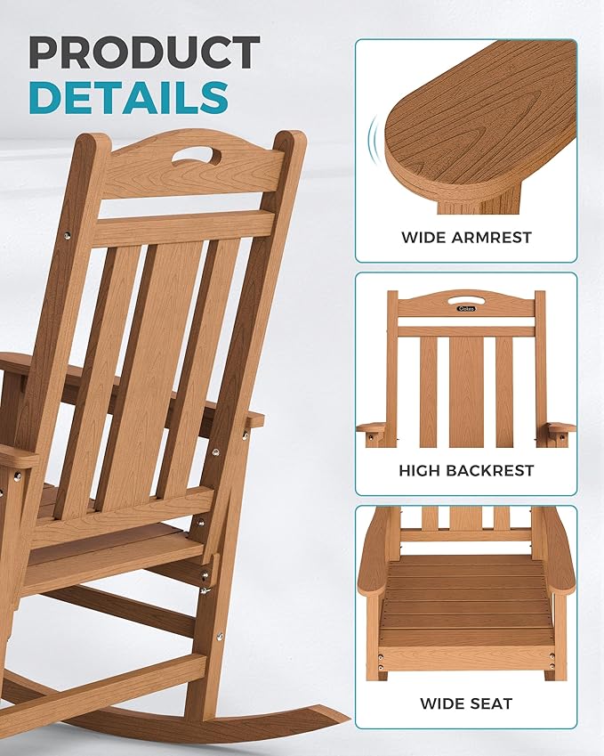 Ciokea Oversized Outdoor Rocking Chairs Set of 2, 380lbs Heavy-Duty Large Patio Rocker, High Back Cozy Porch Chairs, Weather Resistant Patio Rocking Chairs for Outside, Fire Pit, Deck, Teak