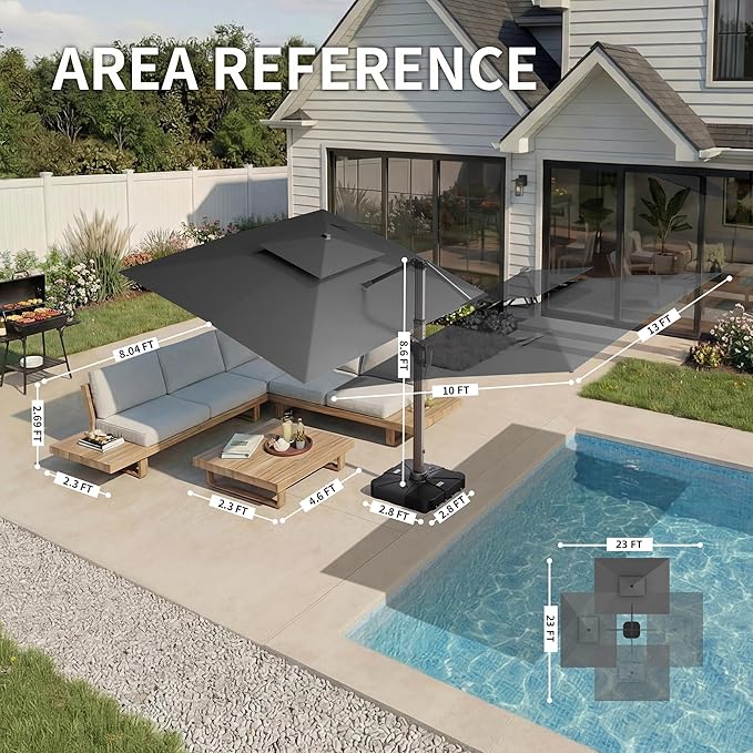 10 X 13 FT Cantilever Patio Umbrella with Led Lights and Base Included Outdoor Heavy Duty Double Top Rectangle Offset Umbrellas with 360-degree Rotation for Pool Deck Backyard, Grey