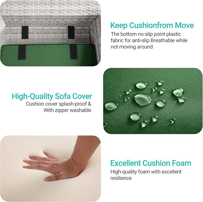 7-Piece Outdoor Patio Furniture Set with 55,000 BTU Fire Pit Table, PE Wicker Rattan Sectional Sofa Patio Conversation Set with Thickened Cushions & Coffee Table, Dark Green