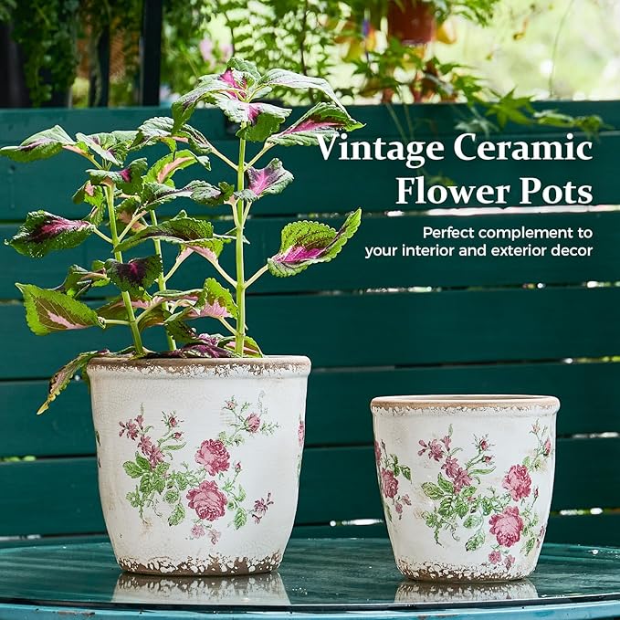 Vintage Ceramic Planter with Drainage Hole, Plastic Tray & Mesh, 6.5 Inch - Indoor/Outdoor Flower Pot, Pink Floral Rustic Farmhouse Design Plant pot for Home, Office & Garden Décor, Ideal Gift