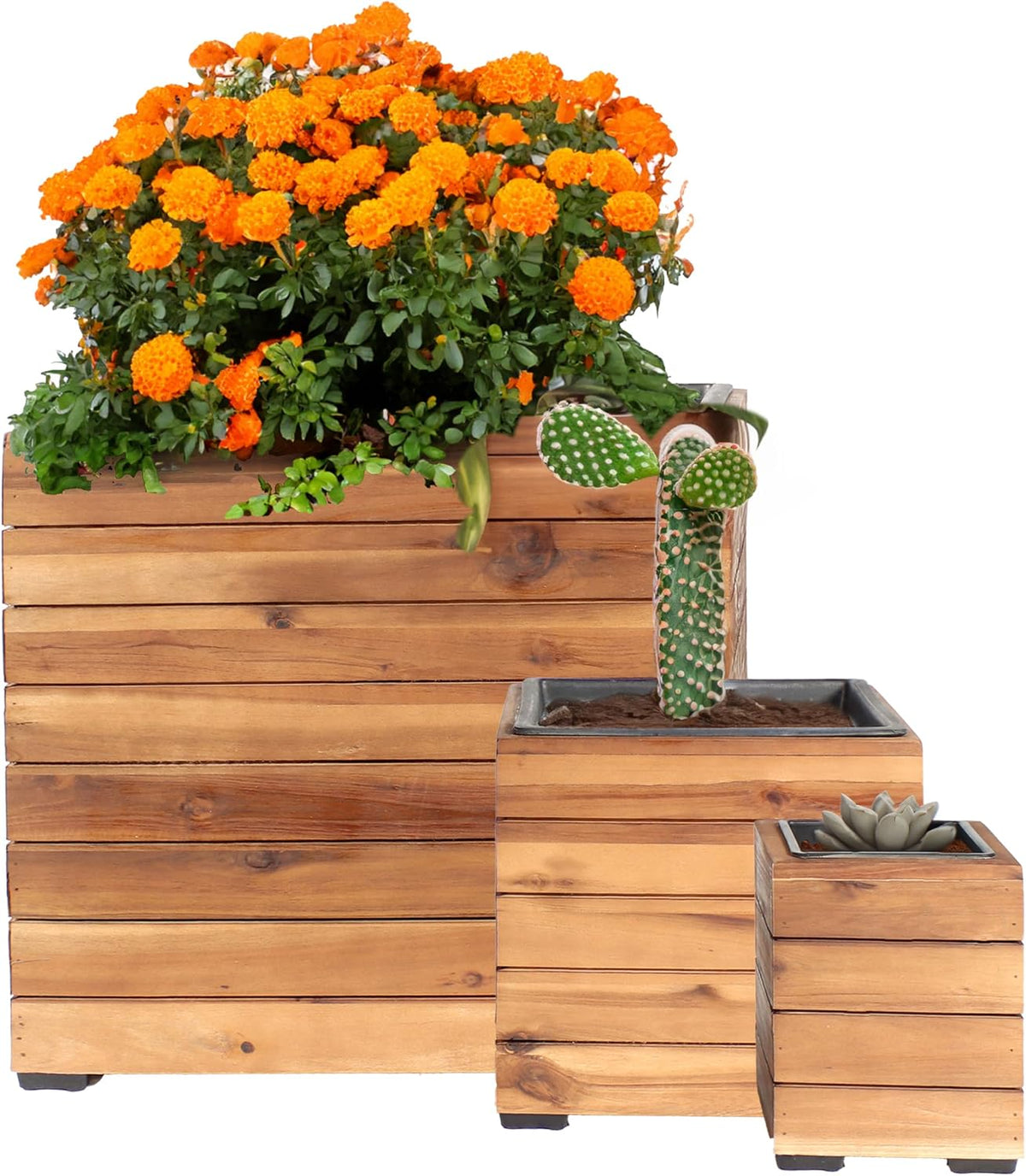 sunnydaze acacia wooden planter boxes with liners, main product view