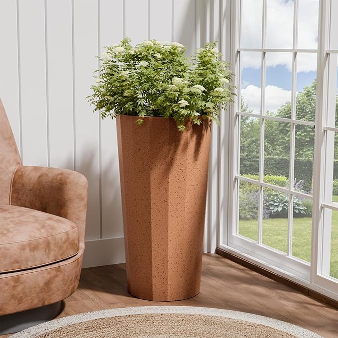 23.6" Tall Outdoor Planters Set of 2, Large Planters for Outdoor Plants for Porch Decor with Drainage Hole, Wide Stripe Design Porch Flower Pots for Indoor Pot Patio/Garden, Terracotta