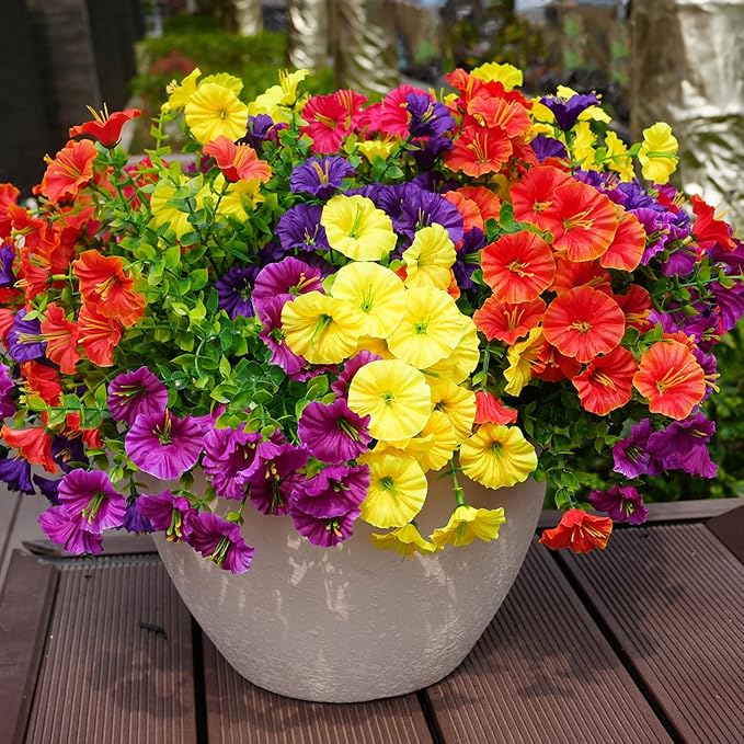 Artificial Flowers for Outdoors, UV Resistant Fake Silk Morning Glory, Realistic Faux Plants for Outside Porch Patio Window Box Hanging Planter (16, Purple Fuchsia Yellow Orange)