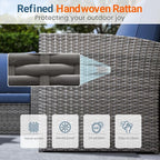 Wisteria Lane 5 Piece Patio Furniture Set, Wicker Outdoor Patio Conversation Furniture Set, All Weather Outdoor Patio Sofa with Cushion and Glass Table, Blue