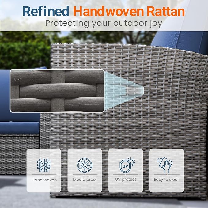 Wisteria Lane 5 Piece Patio Furniture Set, Wicker Outdoor Patio Conversation Furniture Set, All Weather Outdoor Patio Sofa with Cushion and Glass Table, Blue