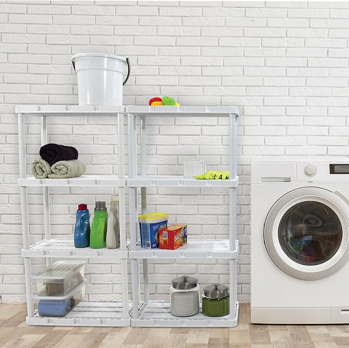 Gracious Living 2 Pack Light Duty Storage Shelves, Knect-A-Shelf 4-Shelf Ventilated Shelving Rack Organizer for Home, Garage, Basement & Laundry, White