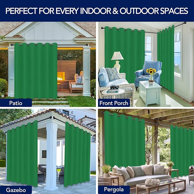 PureFit Outdoor Curtains for Patio Waterproof Weatherproof, UV and Fade Resistant Outside Curtains for Gazebo, Front Porch, Pergola, Sun Blocking Privacy Curtain, 100W x 84L inch, 1 Panel, Green