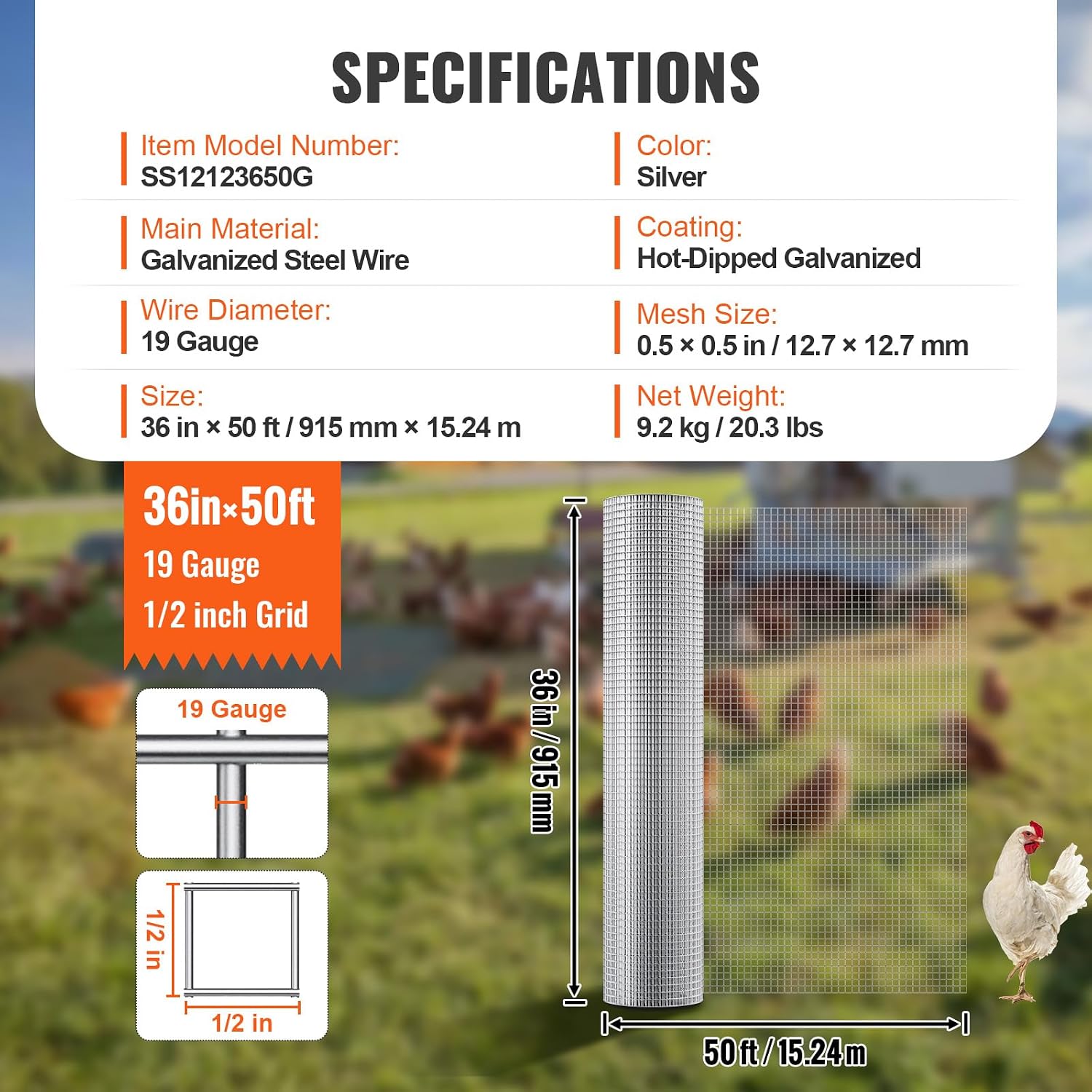 VEVOR Hardware Cloth, 1/2 inch 36in x 50 ft 19 Gauge, Hot Dipped Galvanized Wire Mesh Roll, Chicken Wire Fencing, Wire Mesh for Rabbit Cages, Garden, Small Rodents