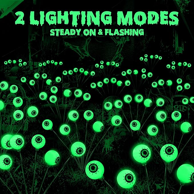 BrizLabs 6 Pack 36 LED Halloween Solar Eyeball Lights, 2 Modes Outdoor Halloween Pathway Lights, Green Solar Walkway Light Waterproof, Green Swaying Firefly Light for Outside Path Yard Garden Lawn