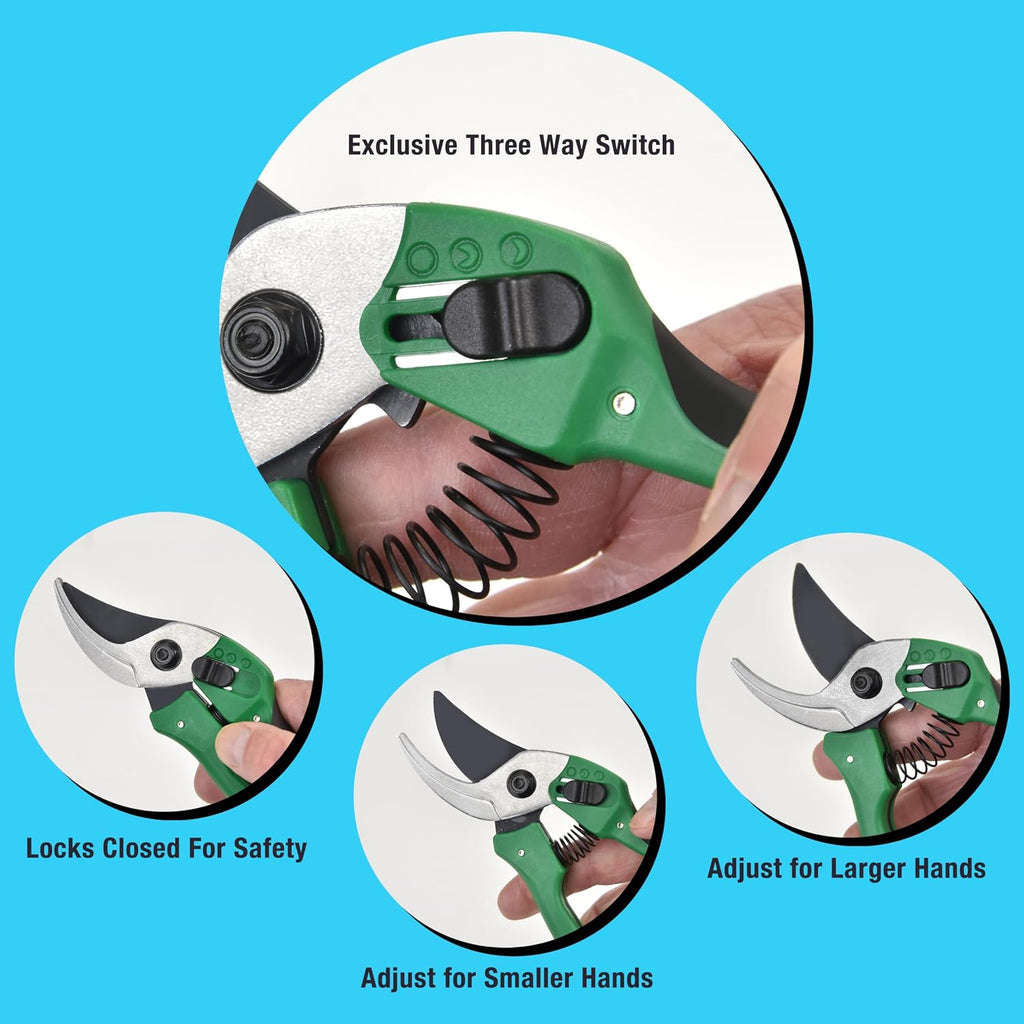 Pri Gardens 8 Inch Garden Pruner with a SK5 Carbon Steel, Non-stick, Rust Resistant Blade. Adjustable for Small and Large Hands