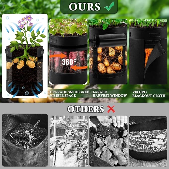3 Pack 10 Gallon 360° Visibility Potato Grow Bags with Shading Flap, Plant Grow Bags for Growing Potatoes Heavy Duty Thickened Nonwoven Fabric Gardening Vegetable Growing Bags with Harvest Window
