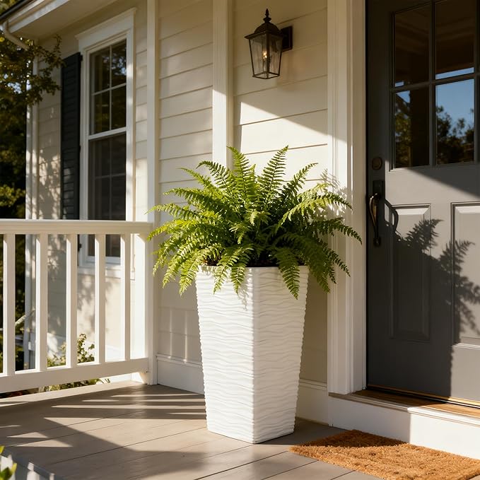 Worth Garden 22" Tall Planters Set of 2 - Plastic White Square Plant Pots with Drainage Hole - Modern Large Tapered Matte Wavy Tree Flower Pot for Indoor Outdoor Porch Deck
