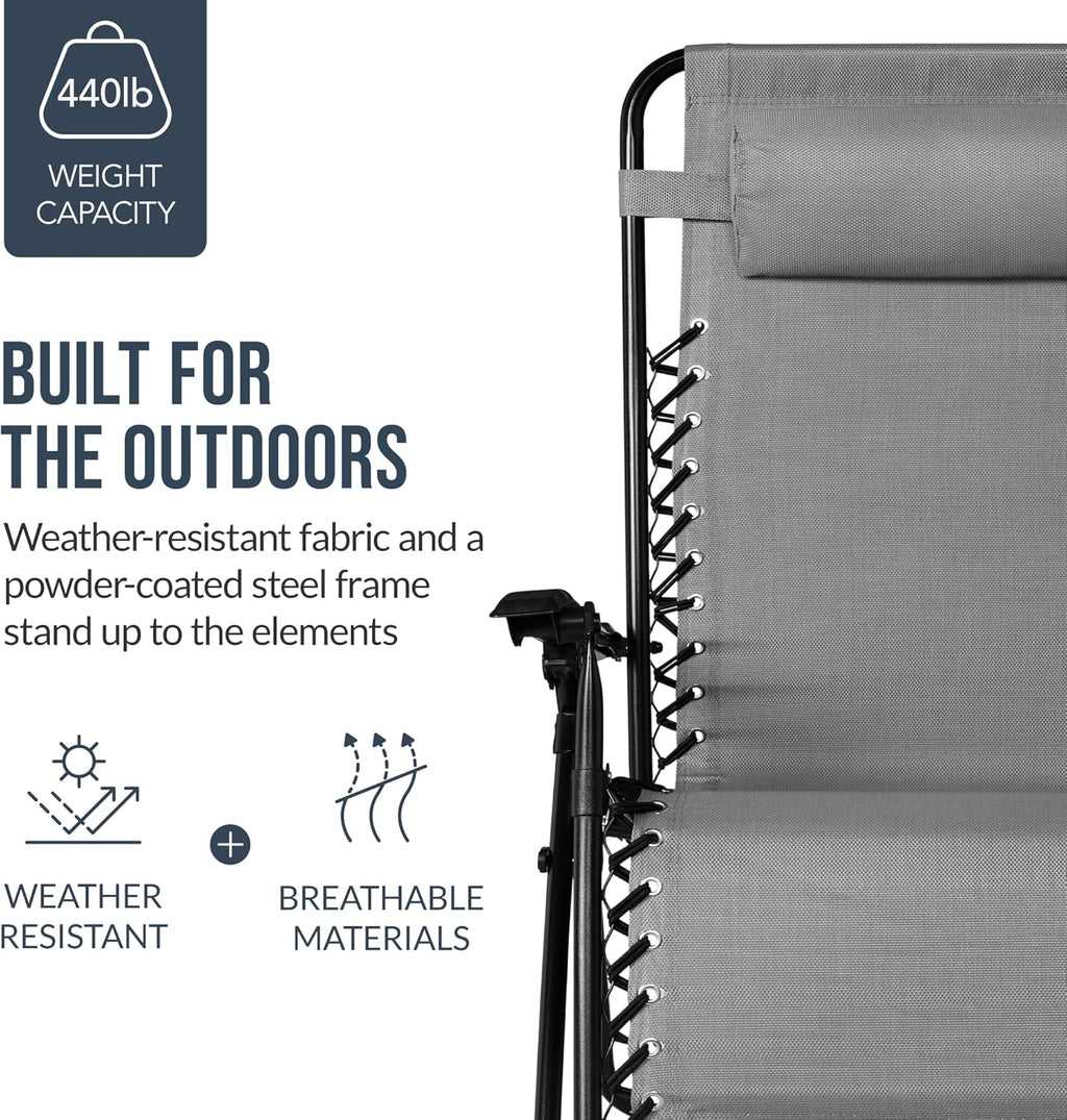 Best Choice Products Set of 2 Extra Wide Adjustable Steel Mesh Zero Gravity Lounge Chair Recliners w/Pillows and Cup Holder Trays - Ice Gray