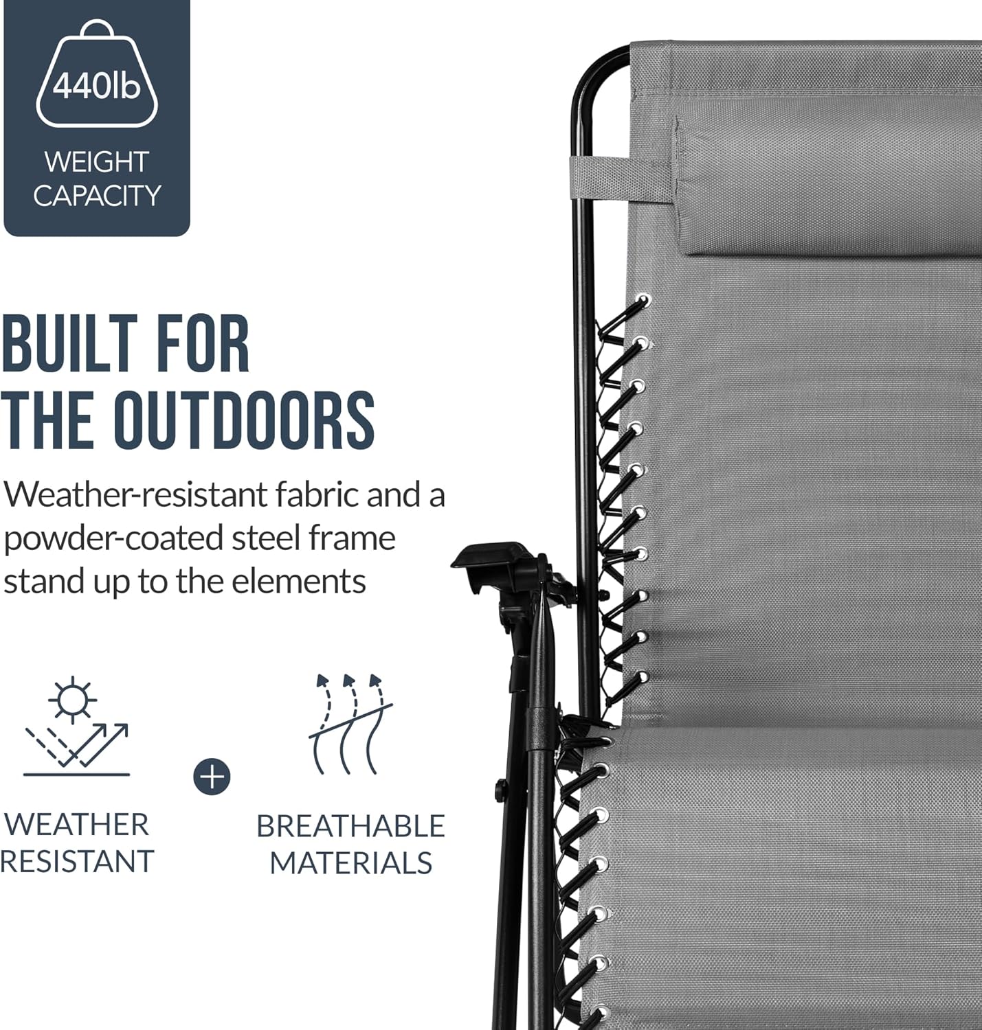 Best Choice Products Set of 2 Extra Wide Adjustable Steel Mesh Zero Gravity Lounge Chair Recliners w/Pillows and Cup Holder Trays - Ice Gray
