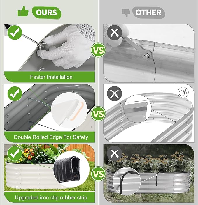 Galvanized Raised Garden Bed - 4x2x1.4FT Metal Planter Boxes Outdoor | Oval Steel Raised Bed Kit for Gardening with Protective Tape, Gloves for Vegetables, Flower, Herb (White)