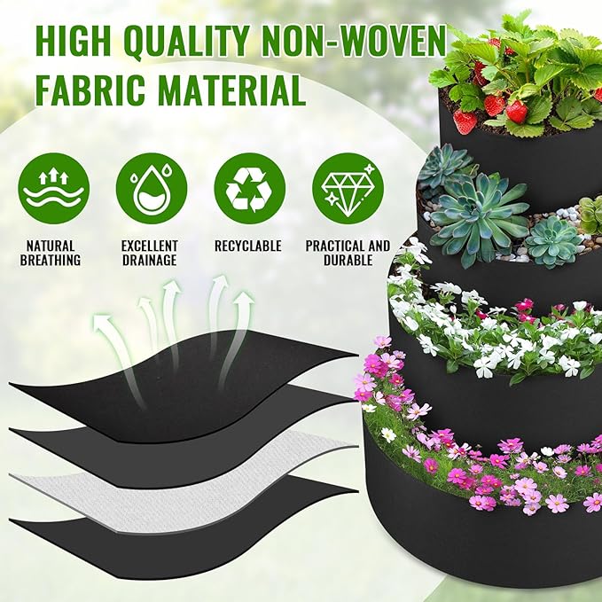 4 Pcs Plant Grow Bags 4 Tiered Strawberry Planter Tower Fabric Raised Garden Beds, 39 Inch Nonwoven Strawberry Pyramid Planter for Vegetables Flower Herbs Gardening Outdoor Growing (Black)