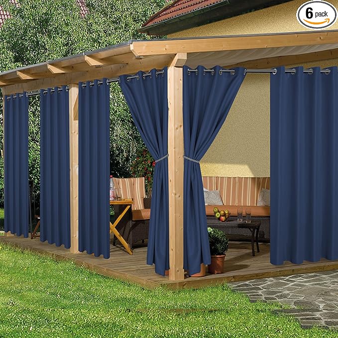 HolidayIdeas Outdoor Curtains for Patio Waterproof, 6 Panels - 54x84 Inches - Weatherproof Privacy Outsides Curtains for Cabana Porch Pergola, Sunlight & UV Blocking (Navy, Grommet Top)