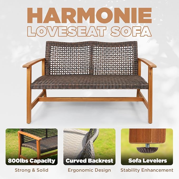 Idzo Harmonie 800lbs Capacity Outdoor Loveseat Furniture, FSC Certified Acacia Patio Sofa with Upgraded 2000 Hours UV Resistant Wicker, Teak Finish Porch Couch