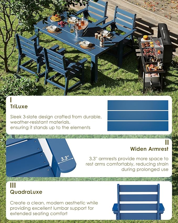 GREENVINES 5-Piece Outdoor Dining Set | HDPE | Patio Table and Chairs Sets for 4 | Patio Furniture | All Weather | Umbrella Hole | Blue| for Backyard Poolside Garden