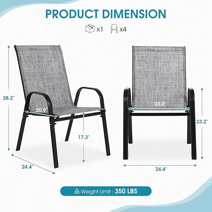 Outdoor Stackable Chairs Set of 4, Stacking Patio Chairs with Textilene Fabric, Outside Furniture for Garden Backyard Balconie Poolside Deck, Grey