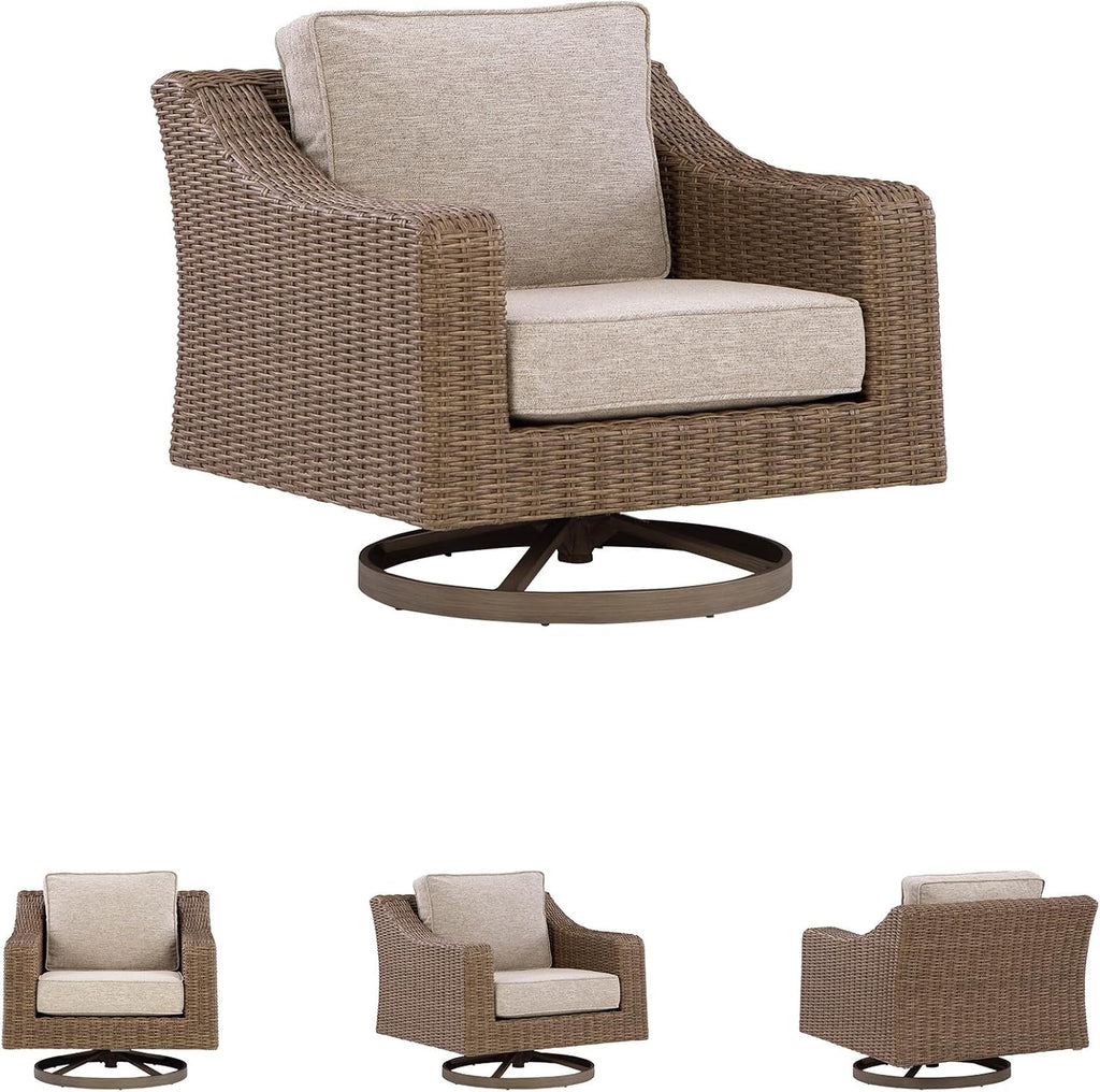 Signature Design by Ashley Outdoor Swivel Lounge Chair with Cushion, Beige | All-weather resin wicker, Powder-coated aluminum frame, Nuvella fabric, Boxed edge cushion, Carmel Bay