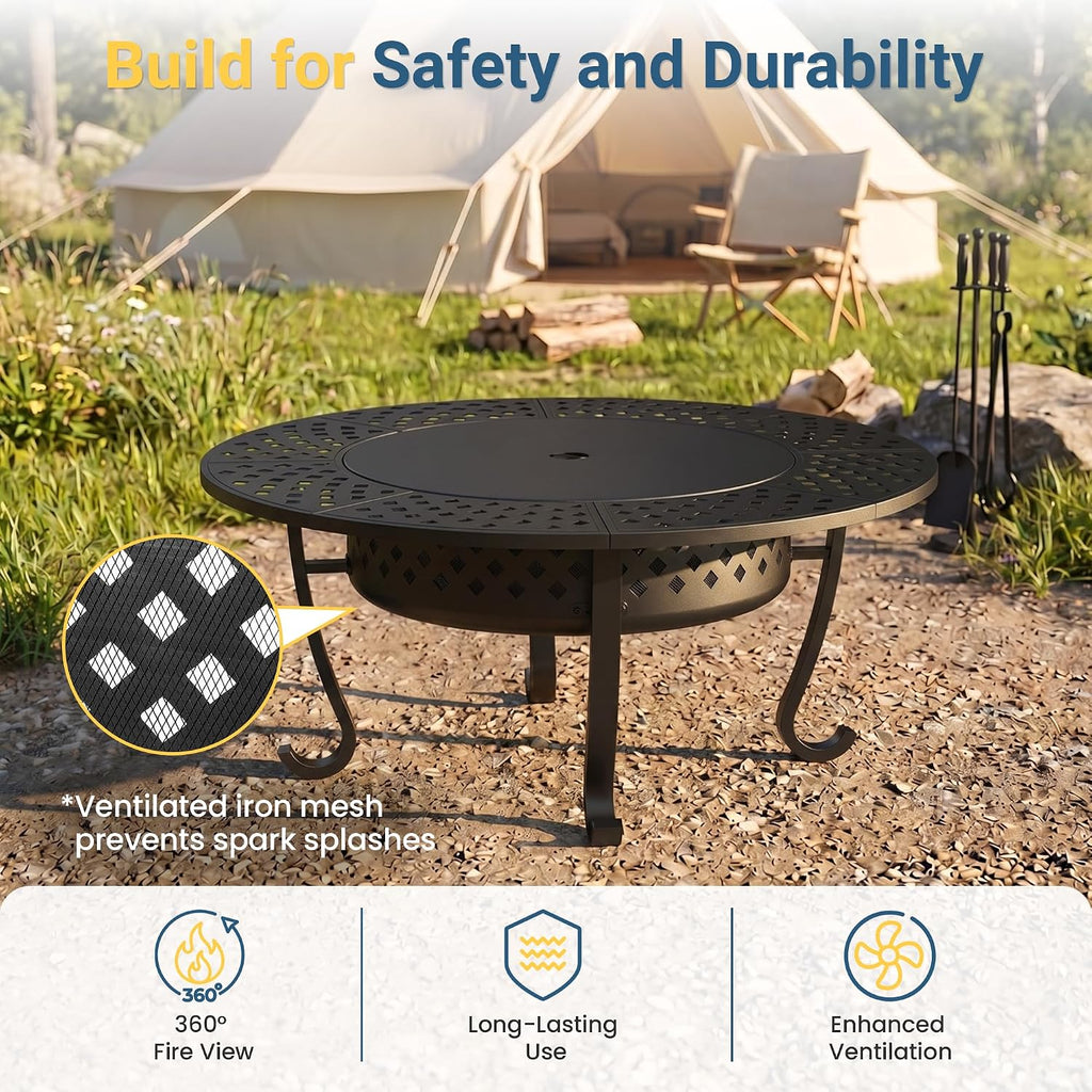 43" large fire pit for outside with 2, front angle view