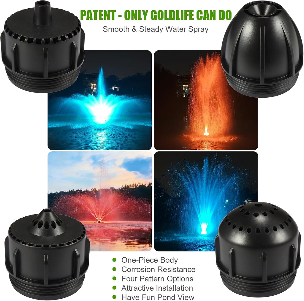 Goldlife Pond Fountain Aerator Nozzle - N3 Nozzle Kit, 4-in-1 Unique Water Flow Modes, Black ABS Water Spray Sprinkler Head, Replacement Fountain Aerator Pump Nozzle for Garden Pond Lake