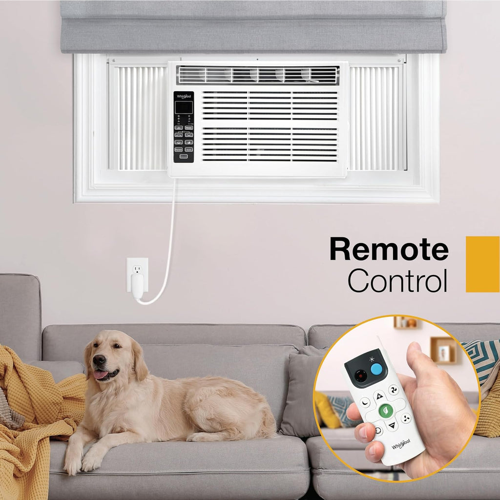 whirlpool 6,000 btu window air conditioner with dehumidifier on a desk or shelf