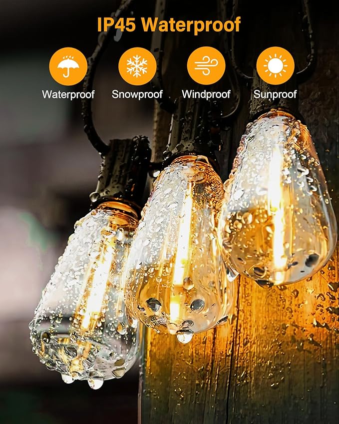 Outdoor String Lights Waterproof, 100FT (50FT 2Pack) Patio Lights Outdoor with 54 ST38 Edison Bulbs (4 Sqare), Hanging Lights with Plug in Cord for Porch, Backyard, Bistro, Garden, 2700K