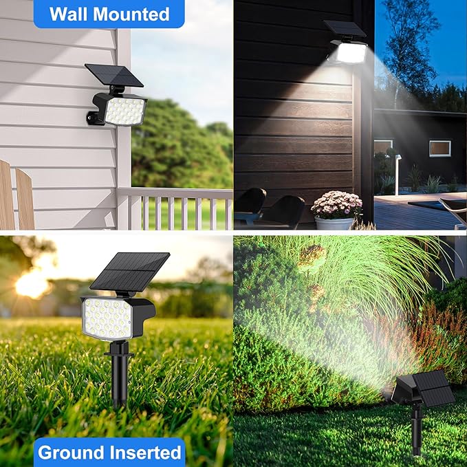 Solar Spot Lights Outdoor Waterproof Adjustable Solar Powered Landscape Lights for Yard 3 Long Time Lighting Modes Spotlights for Pathway Garden Outside Wall Pool Porch- 2 Pack, Cool White
