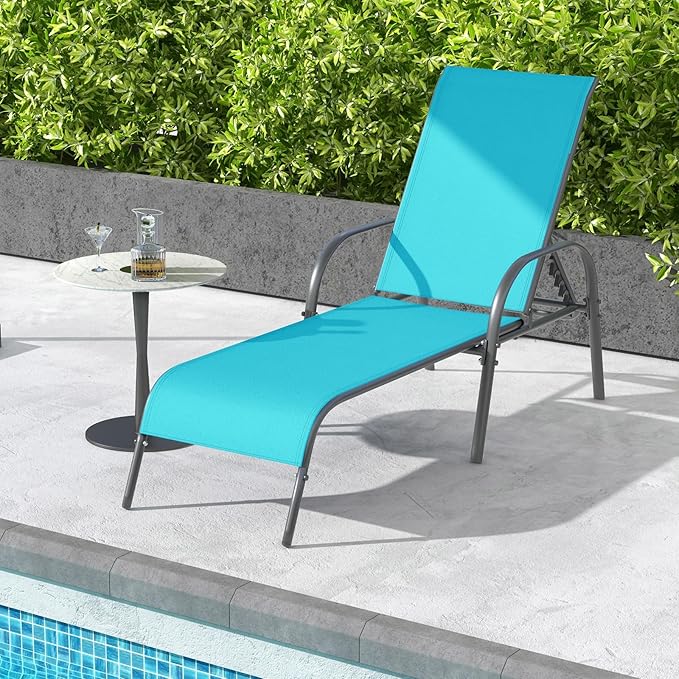 Giantex Patio Lounge Chair, Outdoor Chaise Lounge with 5 Adjustable Backrest, Sturdy Steel Frame, Sunbathing Recliner, Tanning Chair for Beach, Outside, Yard, Balcony, Pool Chairs (1,Turquoise)