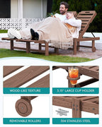 SERWALL Patio Chaise Lounge, HDPE Outdoor Lounge Chair with Cup Holder, 5 Positions Adjustable Poly Lounger with Rolling Wheels for Poolside, Deck, Sunbathing, Brown