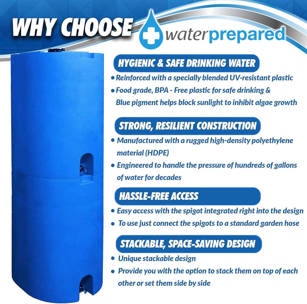 WaterPrepared 55 Gallon Unique Stackable Utility Water Tank, Blue | Emergency Water Storage Tank with Large Cap and Spigot for Easy Filling, Fits Through Standard Doorway