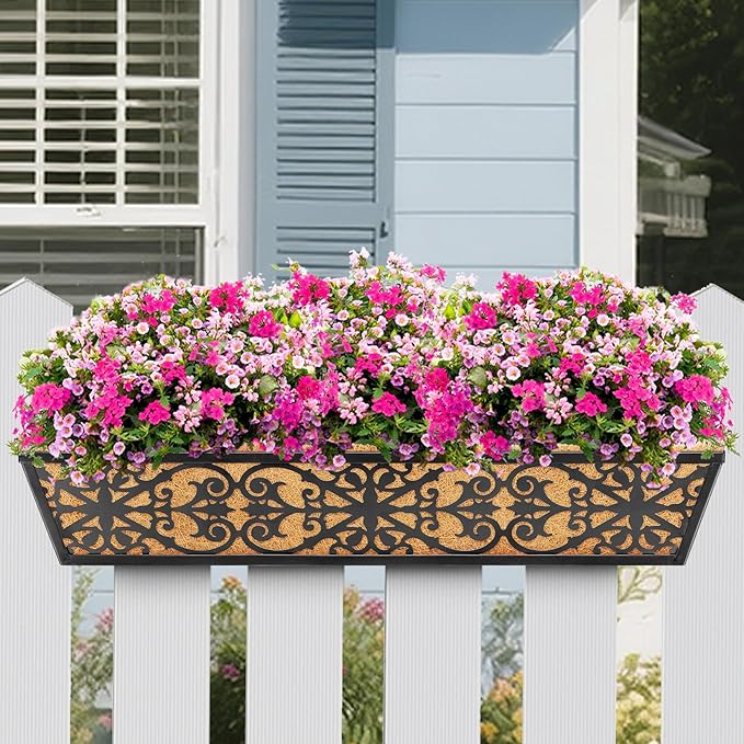 4 Pack 30 Inch Window Boxes Planters Railing Planter Box with Adjustable Brackets & Coco Liners Fabric Plant Grow Bags Deck Railing Planter Boxes Balcony Hanging Flower Box for Outdoor Plants