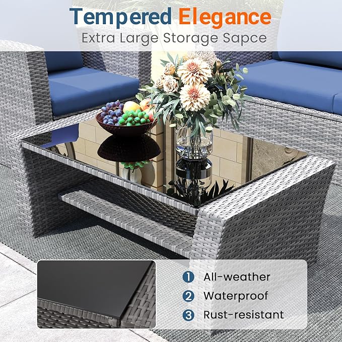 Wisteria Lane 5 Piece Patio Furniture Set, Wicker Outdoor Patio Conversation Furniture Set, All Weather Outdoor Patio Sofa with Cushion and Glass Table, Blue