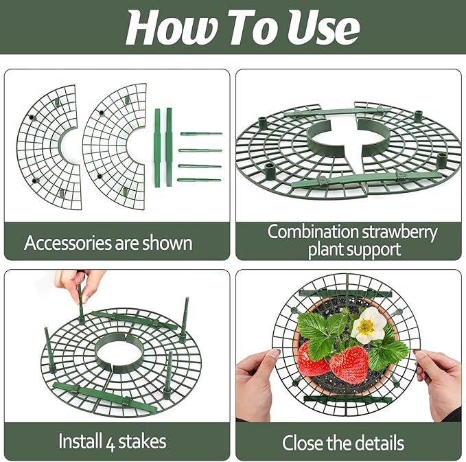 6 Sets Strawberry Plant Support with Mesh Plant Cover,Strawberry Growing Racks Sets with Iron Plant Nails and Storage Bag for Garden Strawberry Vegetables(White Net - Round)