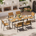 Aluminum Outdoor Dining Set for 6, Patio Table and Chairs Set with Umbrella Hole, 7 Piece HDPS Outdoor Furniture Set for Patio, Garden (Gray & Teak)