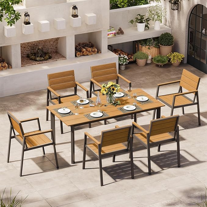 67" Rectangle HDPS Patio Dining Table, Aluminum Outdoor Patio Dining Table with Umbrella Hole, Weather-Resistant for Lawn, Garden, Yard, Poolside and Indoor Use (Gray & Teak)
