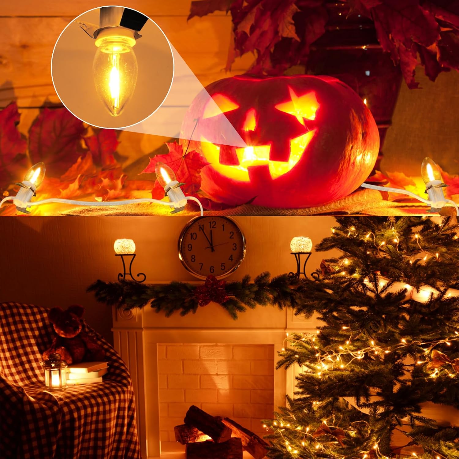 Christmas Village Lights with 4 LED Bulb C7 Accessory White Cord Clip Light | E12 Base Warm White Bulbs for Christmas Village Houses, Halloween Holiday Decoration with On/Off Switch Plugs Spare Fuse