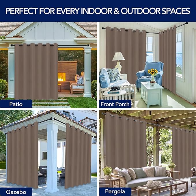 PureFit Outdoor Curtains for Patio Waterproof Weatherproof, UV Resistant Outside Curtains for Gazebo, Front Porch, Pergola, Sun Blocking Privacy Curtain, 100W x 95L inch, 1 Panel, Camel