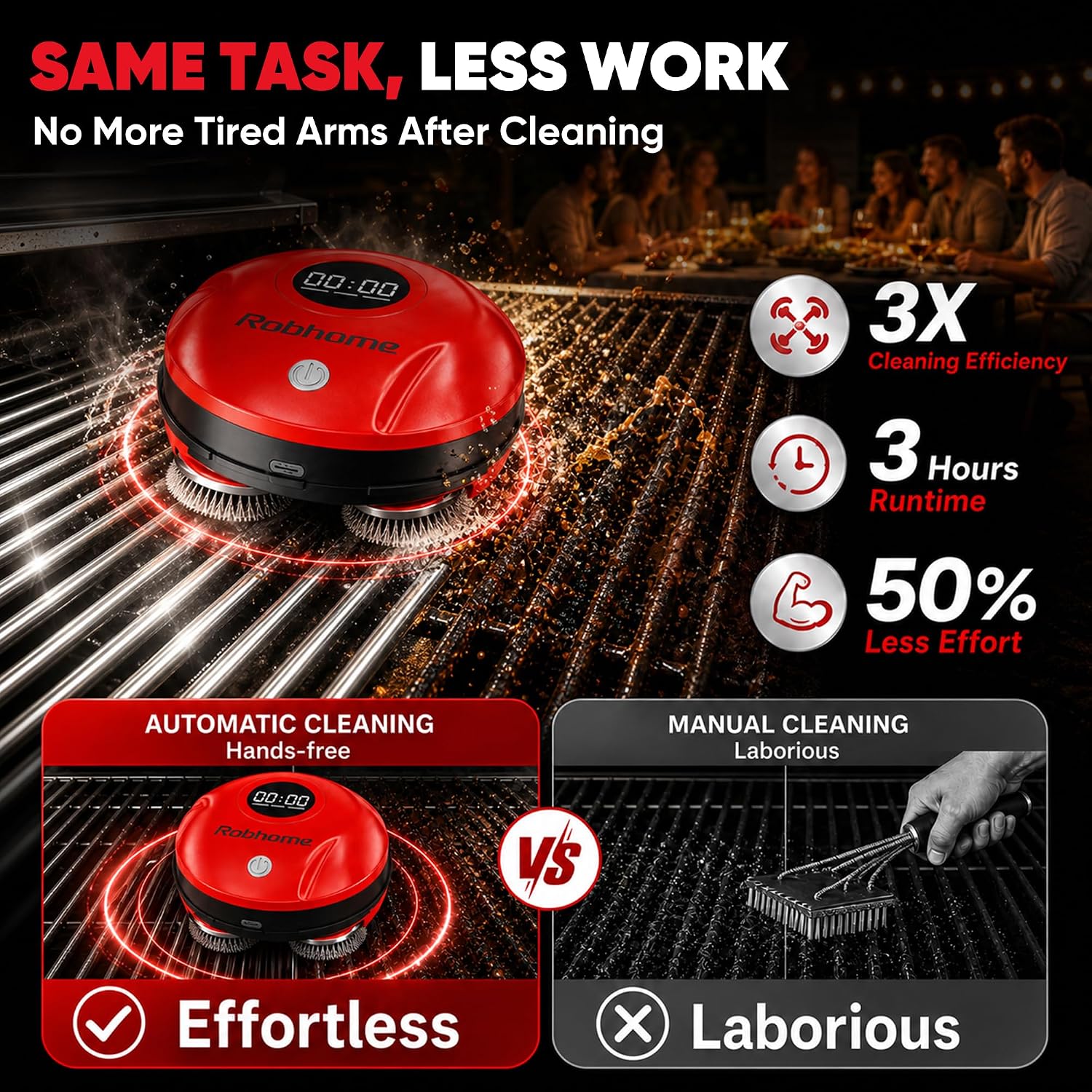 Grill Cleaning Robot, Electric Grill Brush with 4 Heads, 304 Stainless Steel Rotary Brush, Cordless Rechargeable BBQ Cleaner, 150Mins Runtime, 380 RPM, Automatic Grill Cleaner for Outdoor Grill, Red