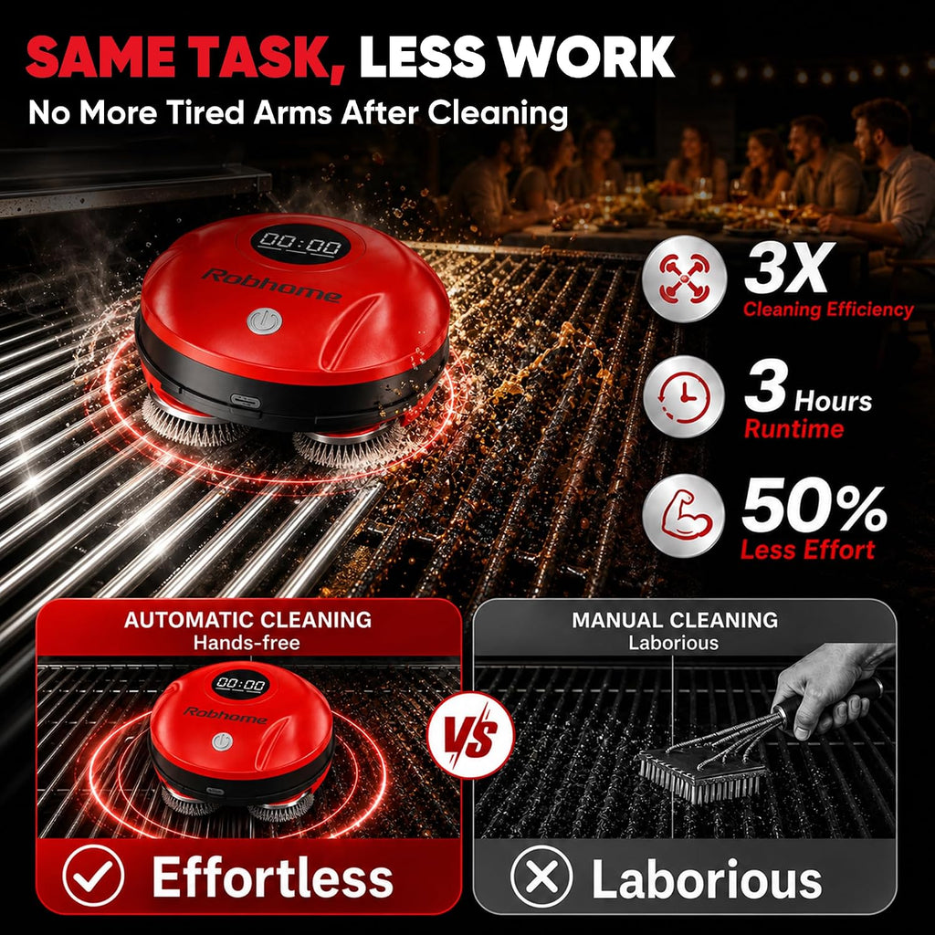 Grill Cleaning Robot, Electric Grill Brush with 4 Heads, 304 Stainless Steel Rotary Brush, Cordless Rechargeable BBQ Cleaner, 150Mins Runtime, 380 RPM, Automatic Grill Cleaner for Outdoor Grill, Red