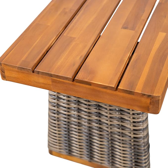 Christopher Knight Home Pasco Acacia Wood Outdoor Dining Table Set for 6, Wicker Patio Dining Set with Acacia Wood Table and Bench, Patio Table and Chair Set with Cushion+Rope Backrest,Black+Teak+Grey