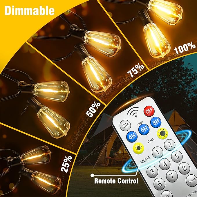 100FT Solar String Lights Outdoor Waterproof with Remote & Timer, LED Shatterproof ST38 Bulbs, USB & Solar Powered Patio Lights for Backyard, Porch, Garden, Wedding, Christmas Decor