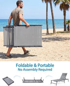 Foldable Chaise Lounge Chair with Cup Holder, Assemble-Free Outdoor Lounge Chair with Detachable Pillow and 6 Adjustable Backrest, Patio Lounge Chair for Outside Poolside Beach Pool, Grey